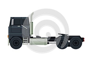 Modern Black Cargo Truck, Blue Heavy Delivering Vehicle, Side View Flat Vector Illustration on White Background