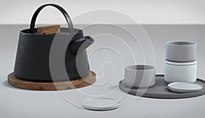 Modern black cast iron teapot and tea cups and a minimalist table white. side view, set for tea time. 3d rendering