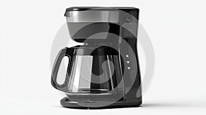 Modern black coffee maker machine with glass carafe and control panel isolated on white background for kitchen appliance and home