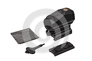 Modern black collimator sight isolated on white back photo