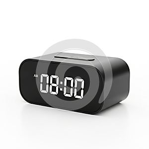 Modern Black Digital Alarm Clock Displaying 08:00 AM on White Background digital clock