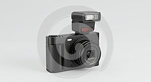 Modern Black Digital Camera with External Flash