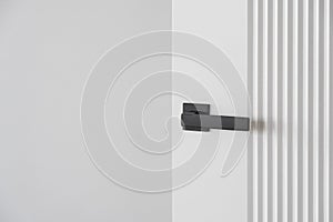 Modern black door handle on white wooden door in interior.