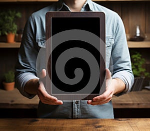 Modern black e reader, white screen, held by male hand on dark wood