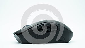 Modern black gaming mouse with six side buttons on white background