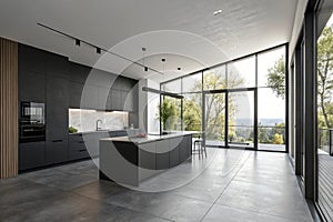 Modern black interior empty kitchen room 3D rendering