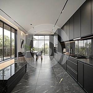 Modern black interior empty kitchen room 3D rendering