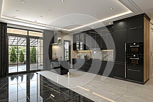 Modern black interior kitchen 3D mockup