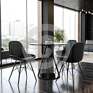 Modern black interior room with table and chairs
