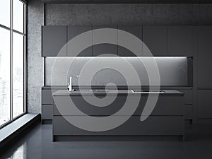 Modern black kitchen. 3d rendering
