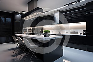 A modern black kitchen with a white countertop and a black island. The kitchen is well-lit and has a sleek, minimalist