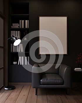 Modern black living room with a black leather armchair, a floor lamp, and a frame mockup on the wall
