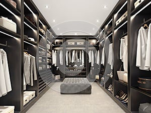 Modern black luxury walk in closet, dressing room, wardrobe