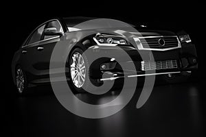 Modern black metallic sedan car in spotlight. Generic desing, brandless.