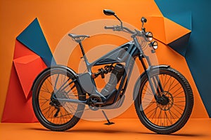 Modern black mountain bike on orange and blue background. generative ai