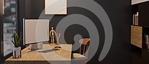 Modern black office workspace interior, PC desktop computer mockup