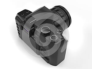 Modern black photo camera - top down back view
