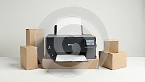 Modern Black Printer with Cardboard Boxes