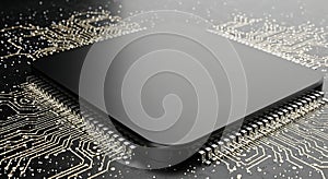 Modern black processor on a glowing circuit substrate