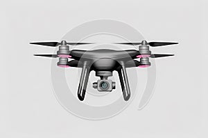 Modern black quadcopter drone with gimbal mounted camera on a neutral background, AI Generated