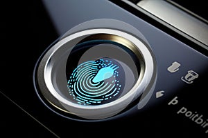 Modern black round shaped button with brightsign. Hardware equipment concept. Generative AI