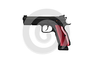 A modern black semi-automatic pistol with a red grip. A short-barreled weapon for self-defense and sport. Isolate on a white back