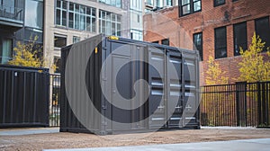 A modern black shipping container positioned in an urban setting, showcasing a blend of industrial design and city life photo