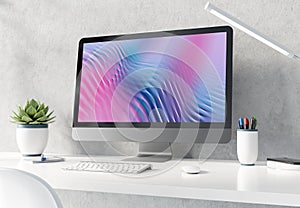 Modern black and silver computer on white desktop and concrete interior mockup 3D rendering