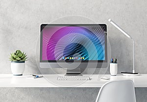 Modern black and silver computer on white desktop concrete interior mockup 3D rendering