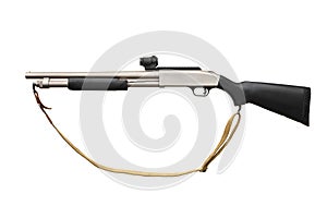 Modern black silver shotgun with a collimator sight isolated on white