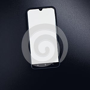 Modern black smart phone isolated on dark background in perspective view. New smartphone mockup with blank touch screen.