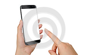 Modern black smart phone in woman hand. Isolated white screen for mockup.