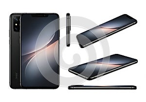 Modern black smartphone displayed from multiple angles transparent background