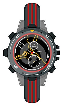 Modern black sports watch with red details, showing time and date. Athletic accessory with sleek design. Trendy digital