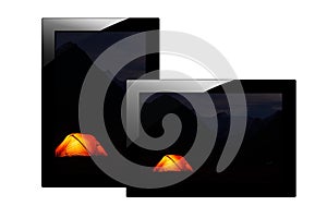 Modern black tablet computer isolated on white background. Tablet pc and screen with Image of night mountains ant tent.