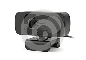Modern black webcam with adjustable mount for computer video conferencing and streaming