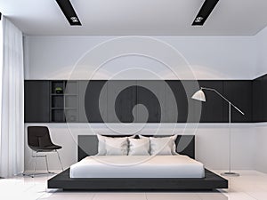 Modern black and white bedroom interior minimal style 3d rendering image