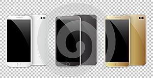 Modern black, white and gold smartphone isolated on transparent background.. Front and back of Vector smartphone. Cell phone