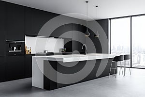 Modern black and white kitchen with sleek design and city view