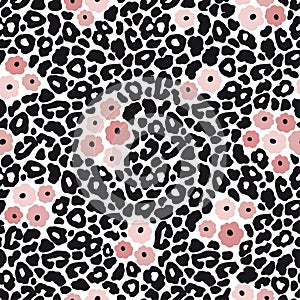 Modern black and white leopard seamless pattern with pink flowers. Animal skin and floral design, vector illustration