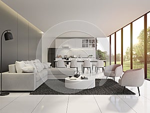 Modern black and white living and dining room with garden view 3d render