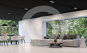 Modern black and white living room and dining room with forest view 3d rendering image