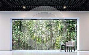 Modern black and white living room with forest view 3d rendering image photo