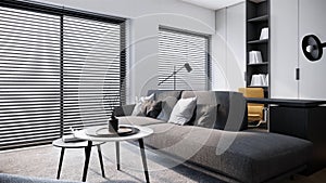 Modern black and white room interior design, contemporary apartment and home office concept, video 4k 3d animation