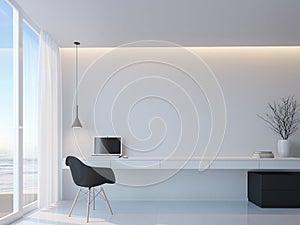 Modern black and white working room with sea view minimalist style 3d rendering image