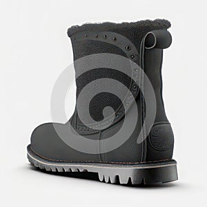 Modern Black Winter Boot with Fur Trim on White Background