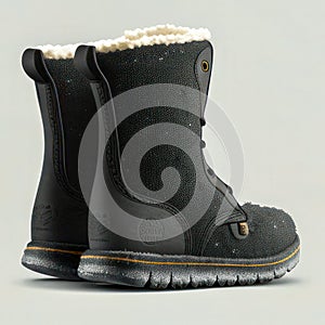 Modern Black Winter Boot with Fur Trim on White Background