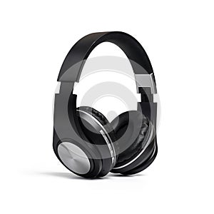 Modern black wireless headphones isolated on white background