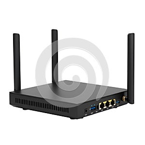 Modern Black Wireless Router with Antennas and Ports