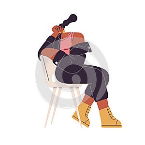 Modern black woman sitting, leaning on chair back. Young girl posing in seated position. Fashion female character in